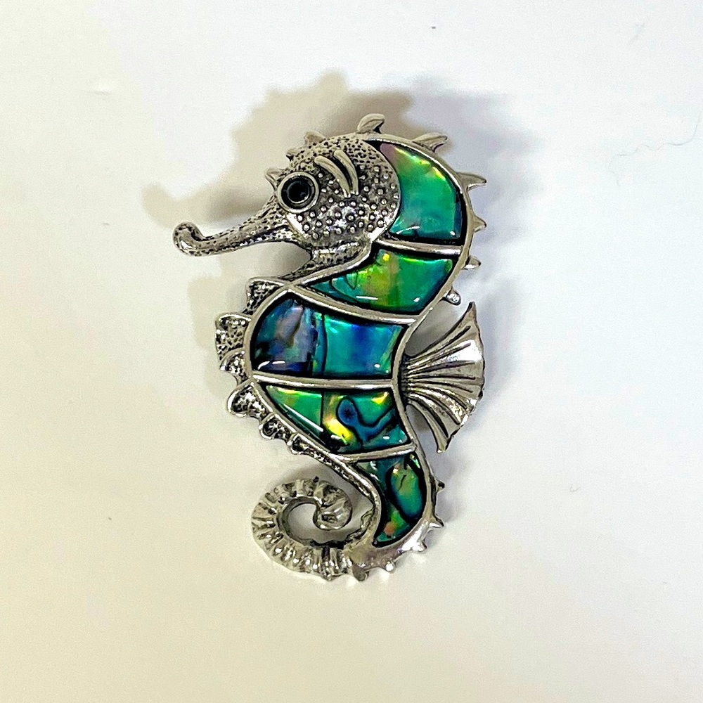 Brooch- seahorse, abalone shell on silver tone base, NIP,  2.25 x 1.5”,